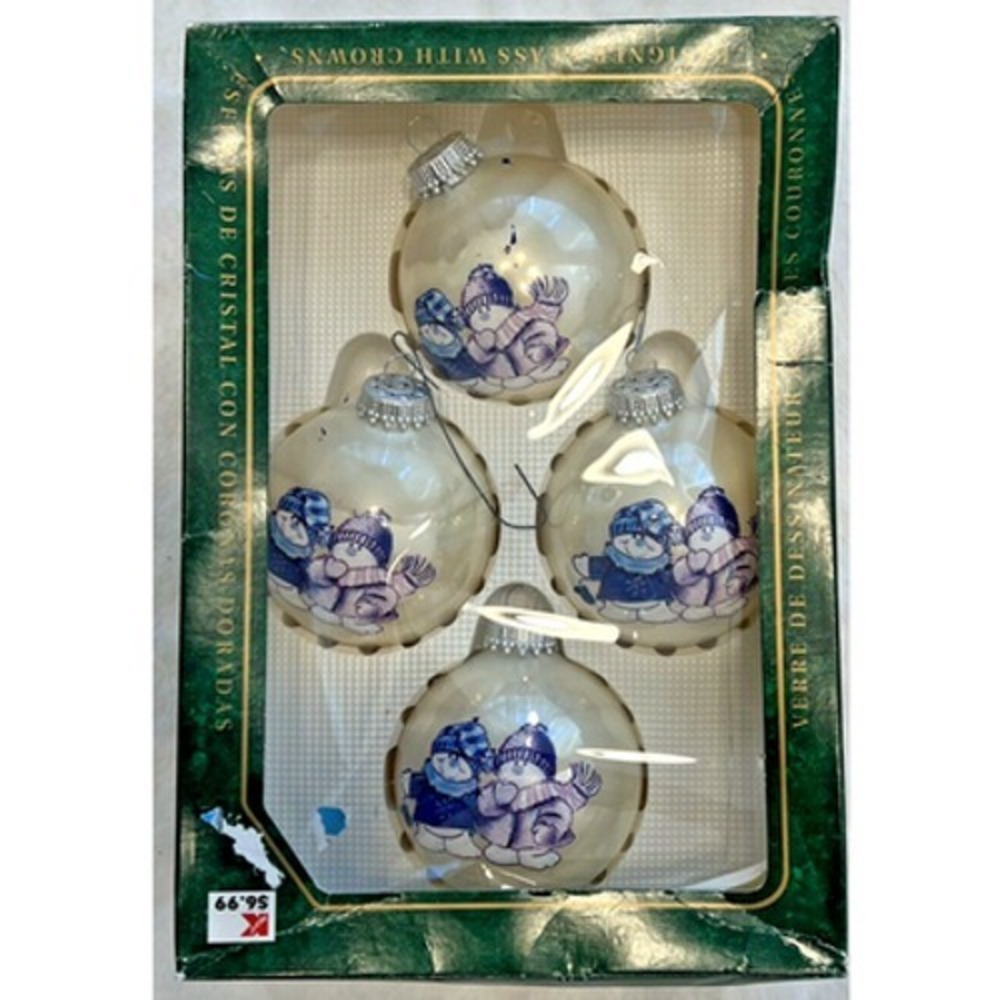 Vintage Christmas by Krebs White Frosted Snowmen 4 Pc Glass Ball‎ Ornaments